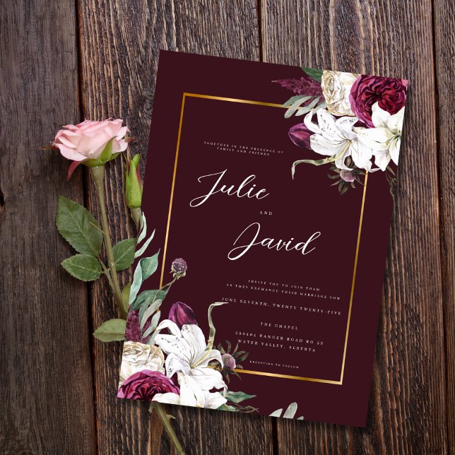 Invitation Burgundy Gold - Élégant mariage Floral Luxe (Créateur téléchargé)