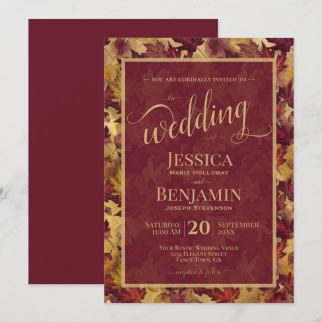 Invitation Burgundy & Gold Fall Leaves Stylish Script Wedding (Devant / Derrière)