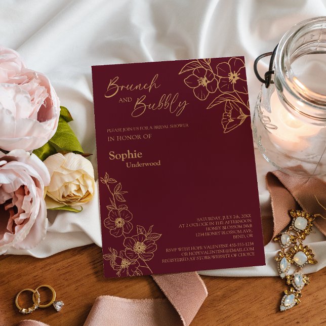 Invitation Burgundy Gold Floral Bridal Brunch Et Bubbly (Créateur téléchargé)