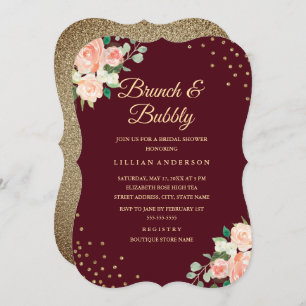 Invitation Burgundy Gold Floral Confetti Brunch et Bubbly