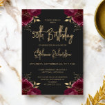 Invitation Burgundy Gold Floral Dark 50th Birthday Party<br><div class="desc">This trendy 50th birthday party invitation features burgundy red roses with faux gold foil foliage in four corners on an off-black background. The words "50th Birthday" and the name of the guest of honor appear in trendy gold-colored modern handwriting script. Add the details in gold-colored sans serif font.</div>