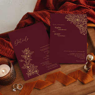 Invitation Burgundy Gold Floral Détails Tout en un Mariage