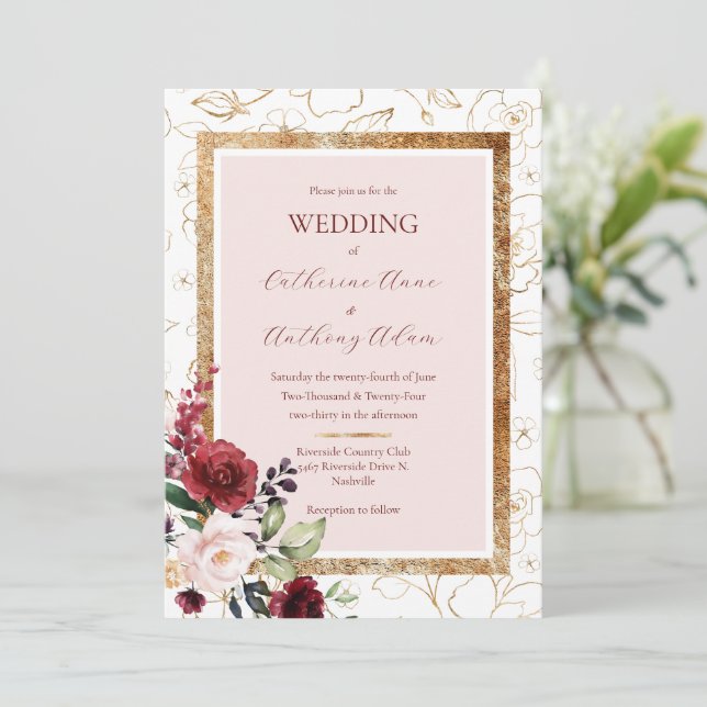 Invitation Burgundy Gold Floral Mariage moderne (Debout devant)