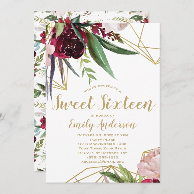 Invitation Burgundy Gold Floral Sweet 16 (Devant / Derrière)