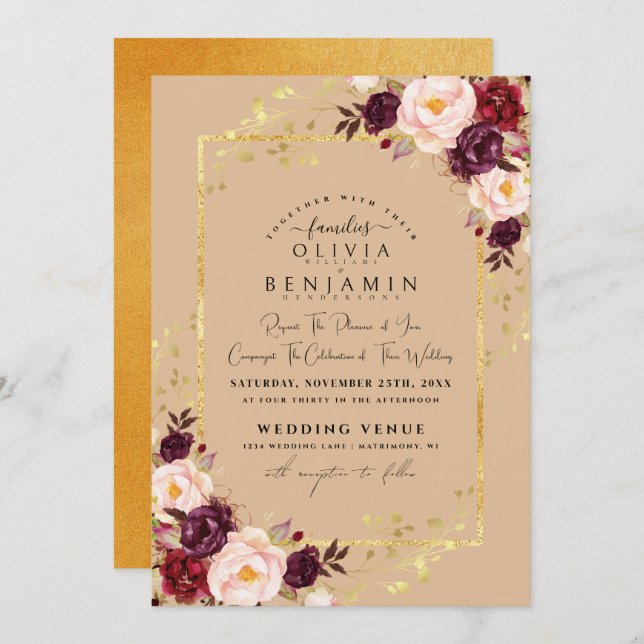 Invitation Burgundy Gold Florales Chic Foil Parties scintilla (Devant / Derrière)