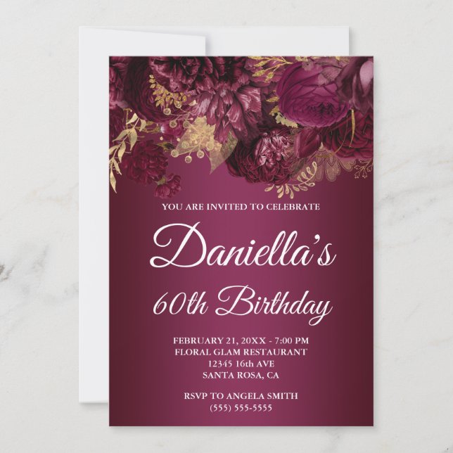 Invitation Burgundy Gold Glam Floral 60e anniversaire (Devant)
