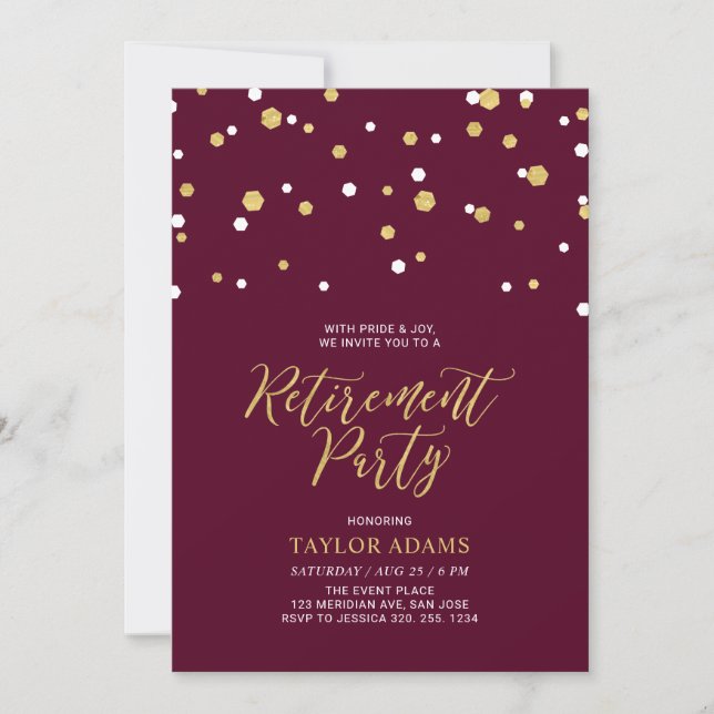 Invitation Burgundy & Gold Hexagon Confetti Retraite Party (Devant)