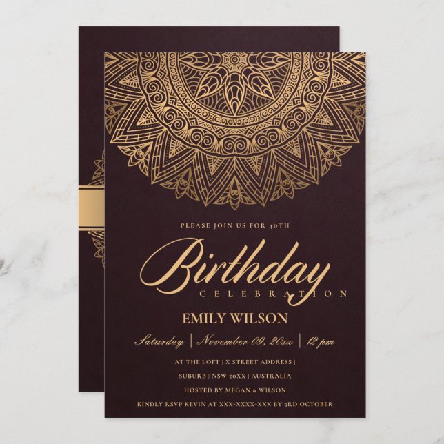 INVITATION BURGUNDY GOLD MANDALA TOUTE ANNÉE 40E ANNIVERSAIRE (Devant / Derrière)