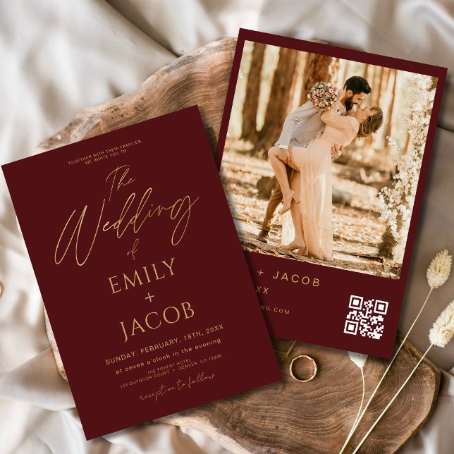 Invitation Burgundy Gold Mariage QR Code Script photo (Créateur téléchargé)