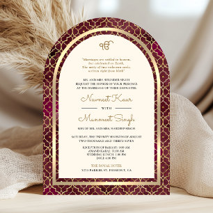 Invitation Burgundy Gold Marocain QR Code Sikh Arch Mariage