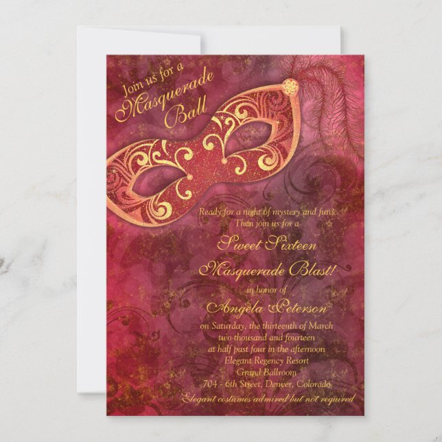 Invitation Burgundy Gold Masquerade Ball Sweet 16 Anniversair (Devant)