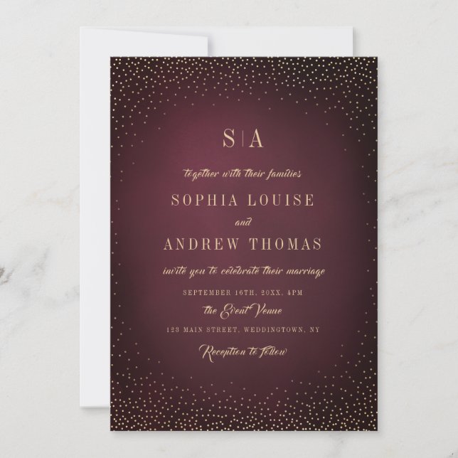 Invitation Burgundy Gold Parties scintillant simple mariage M (Devant)