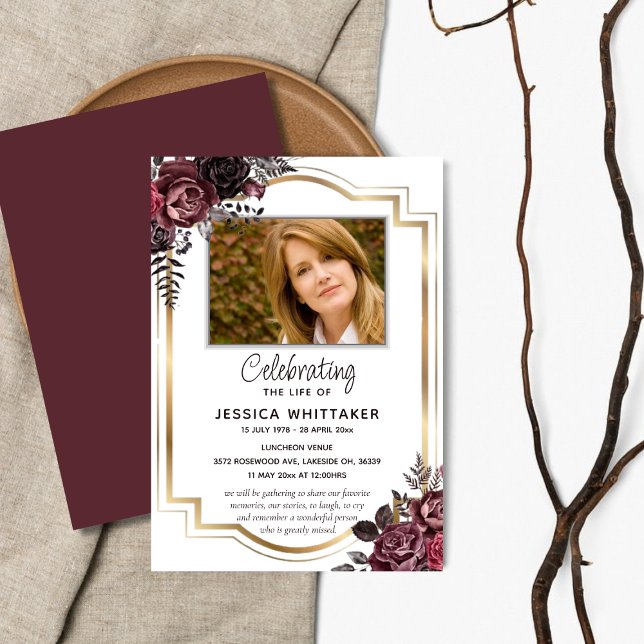 Invitation Burgundy & Gold Photo Floral Célébration de la vie (Créateur téléchargé)