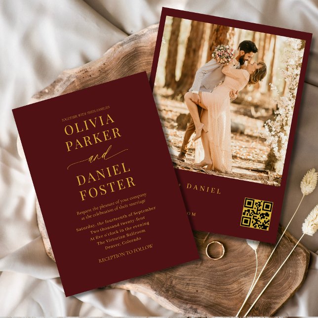 Invitation Burgundy Gold QR Code Photo Mariage élégant (Créateur téléchargé)
