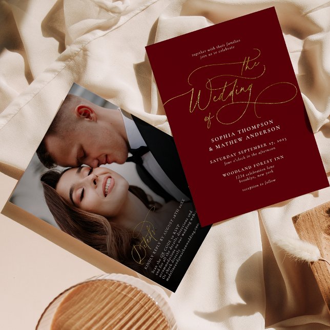 Invitation Burgundy Gold QR Code Rsvp Tout en un Mariage (Créateur téléchargé)