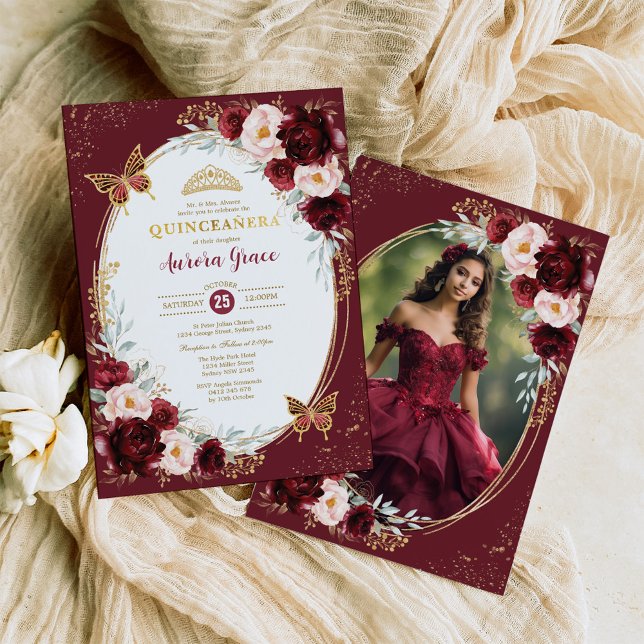 Invitation Burgundy Gold Quinceañera Fleurs Papillon Photo (Créateur téléchargé)