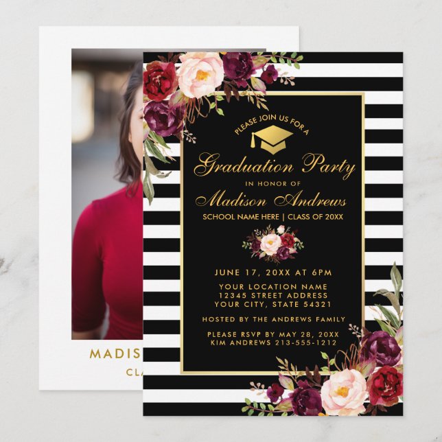 Invitation Burgundy Gold Striped Graduped Party Photo Retour (Devant / Derrière)