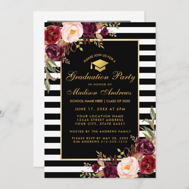 Invitation Burgundy Gold Striped Graduped Party Photo Retour (Devant / Derrière)