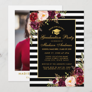 Invitation Burgundy Gold Striped Graduped Party Photo Retour