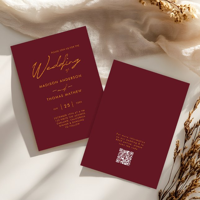 Invitation Burgundy Gold Typographie moderne RSVP Mariage (Front / Back)