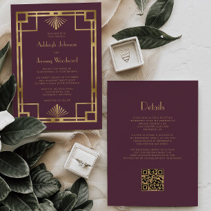Invitation Burgundy Gold Vintage années 1920 Déco QR Code Mar