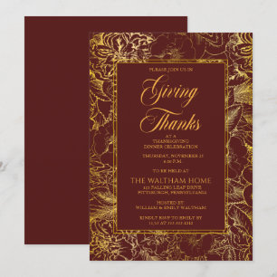 Invitation Burgundy Gold Vintage Floral Thanksgiving Dîner