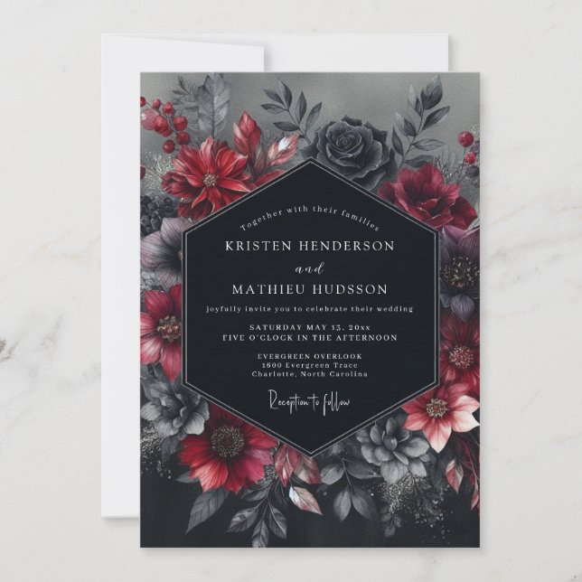 Invitation Burgundy Gothic Bloom Wedding (Devant)