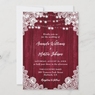 Invitation Burgundy Grange dentelle en bois Mariage