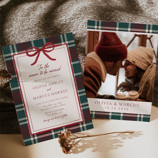 Invitation Burgundy Green Plaid Christmas Bow Wedding (Burgundy green plaid Christmas wedding invitation with red bow, classic winter holiday design.)
