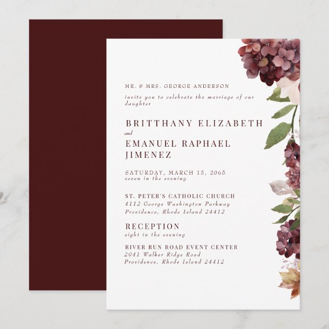 Invitation Burgundy Hydrangeas Floral 2 Venue Wedding (Devant / Derrière)