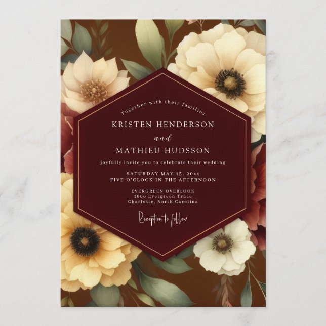Invitation Burgundy Ivory Bloom Wedding (Devant)