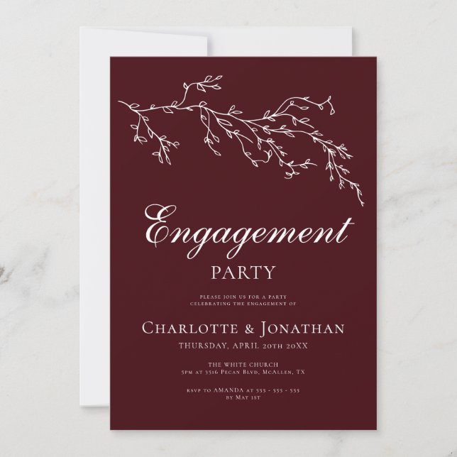 Invitation Burgundy & Ivory Botanical Engagement Party (Devant)