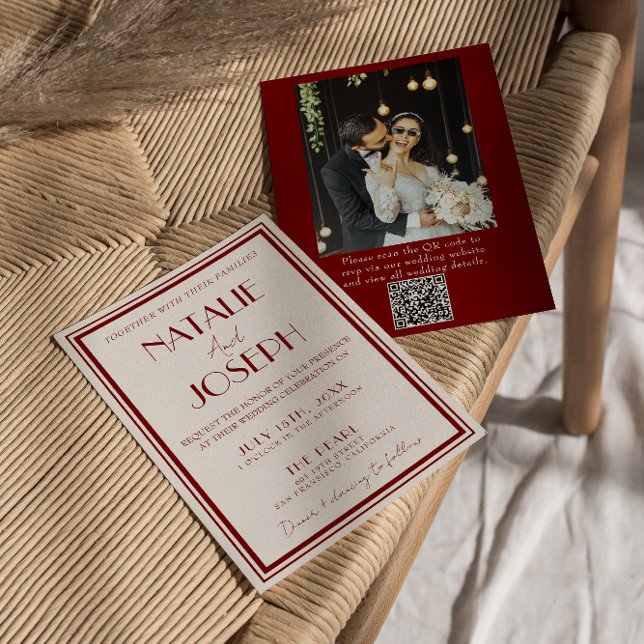 Invitation Burgundy Ivory Old Money QR Code Photo Wedding (Créateur téléchargé)