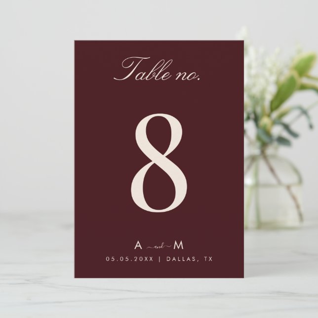 Invitation Burgundy & Ivory Wedding 5x7 Table Number Card (Debout devant)