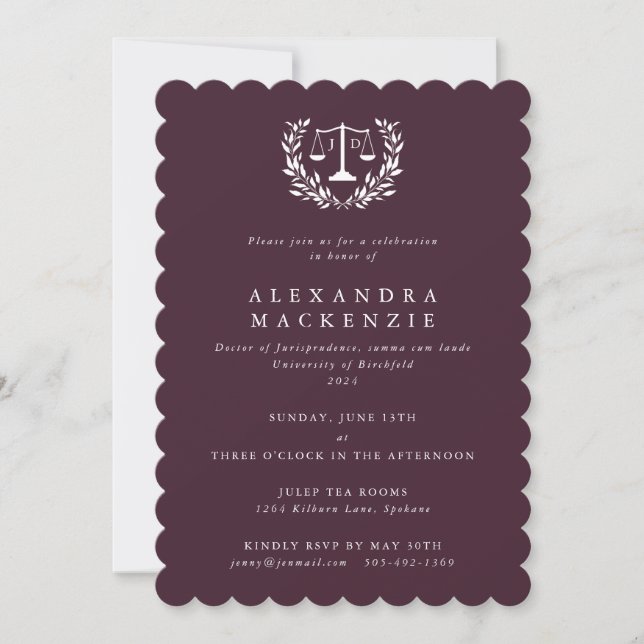 Invitation Burgundy JD Échelles de droit Couronne de laurier  (Devant)