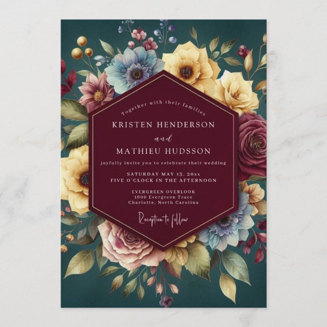 Invitation Burgundy Jewel Tone Bloom Wedding (Devant)