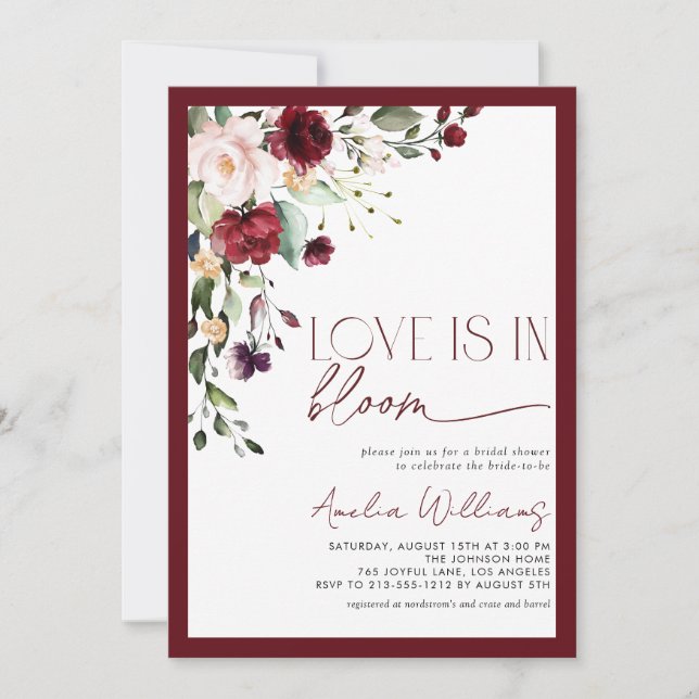 Invitation Burgundy Love est en Floral Watercolor (Devant)