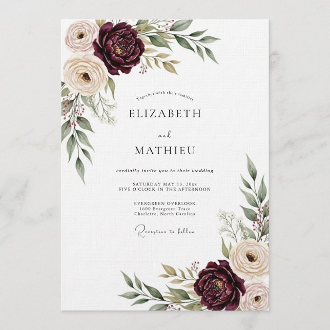 Invitation Burgundy Lush Bloom Wedding (Devant)
