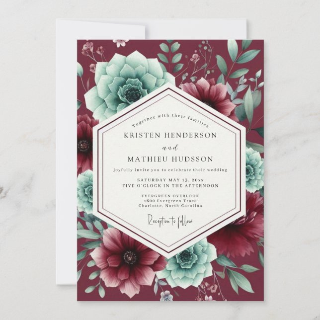 Invitation Burgundy Lush Succulent Wedding (Devant)