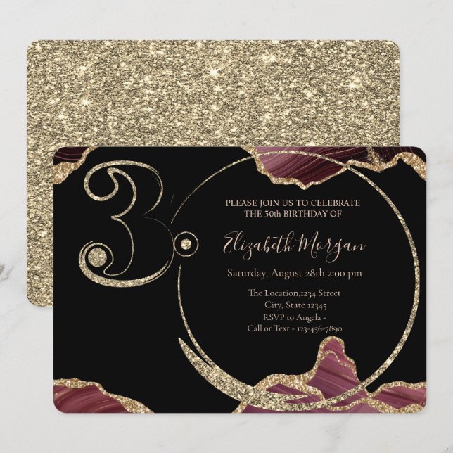 Invitation Burgundy Marbre Pailleté Or 30e Anniversaire    (Devant / Derrière)