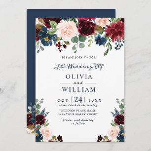 Invitation Burgundy Marine Bleu Aquarelle Bleu Mariage Floral