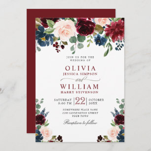 Invitation Burgundy Marine Bleu Aquarelle Bleu Mariage Floral