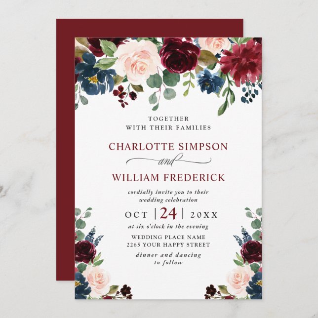 Invitation Burgundy Marine Bleu Aquarelle Bleu Mariage Floral (Devant / Derrière)