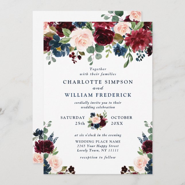 Invitation Burgundy Marine Bleu Aquarelle Bleu Mariage Floral (Devant / Derrière)