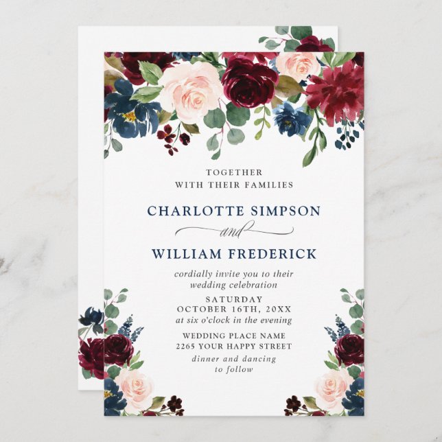 Invitation Burgundy Marine Bleu Aquarelle Bleu Mariage Floral (Devant / Derrière)