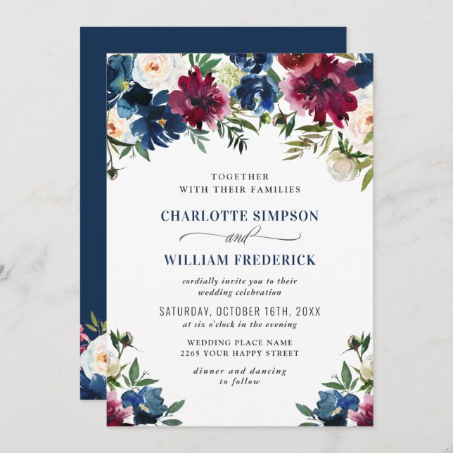 Invitation Burgundy Marine Bleu Aquarelle Bleu Mariage Floral (Devant / Derrière)