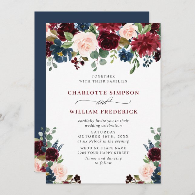 Invitation Burgundy Marine Bleu Aquarelle Bleu Mariage Floral (Devant / Derrière)