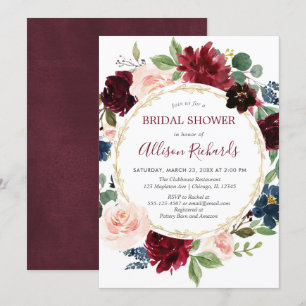 Invitation Burgundy marine bleu fleurie wreath douche nuptial