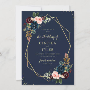 Invitation burgundy & marine bleu géométrique enregistrer la