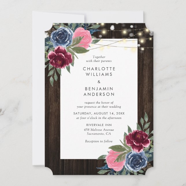 Invitation Burgundy Marine Bleu rose Rustique Bois Mariage Fl (Devant)